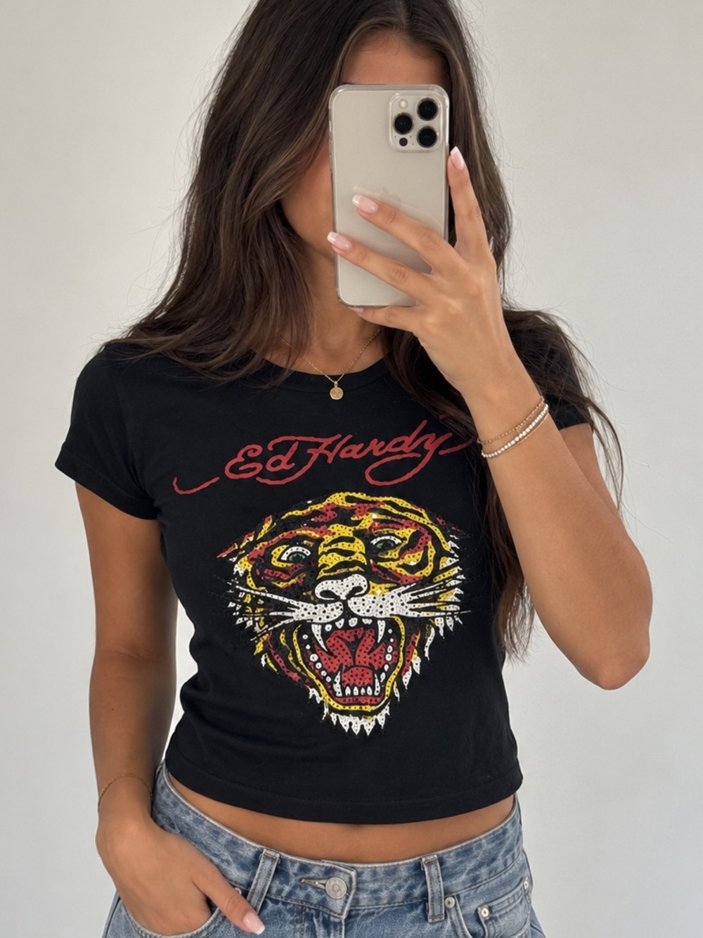 Ed Hardy Black Crop Tee with Multicolor Tiger Graphic